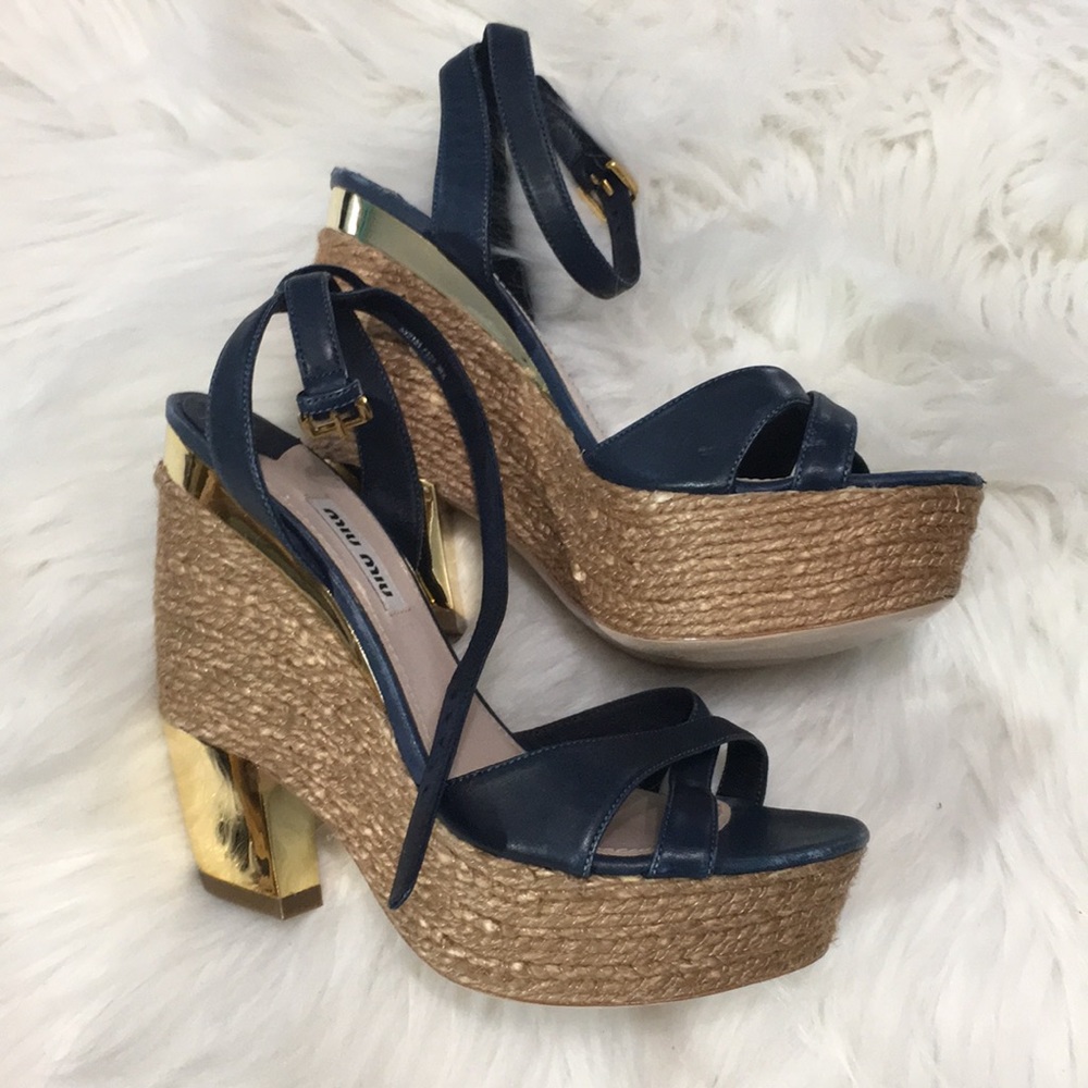 Miu Miu Navy Leather Espadrille Platform Sandals